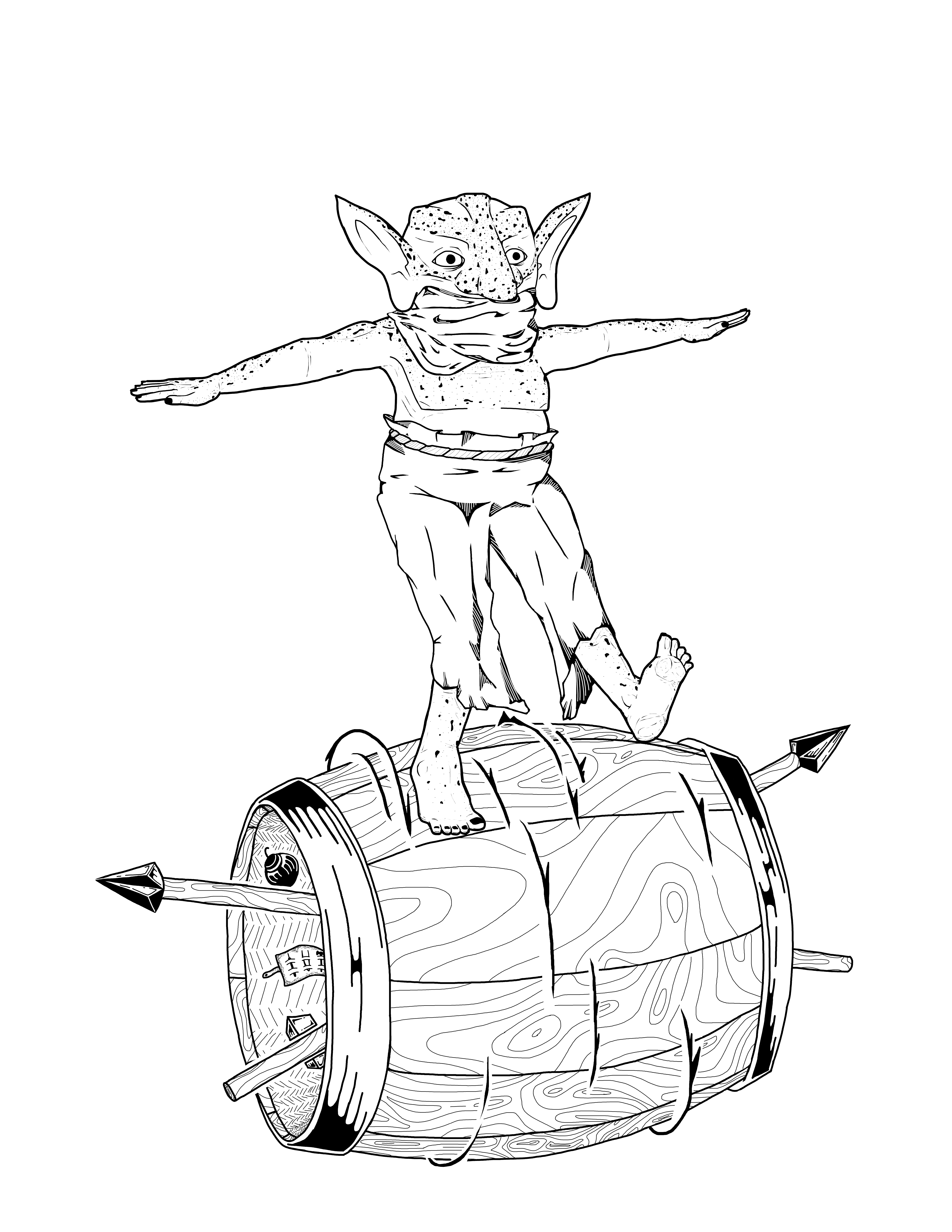 goblin man rolling around on a barrel full of goods